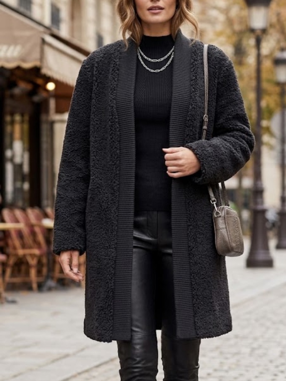 Bernardo Boucle Faux Shearling Open Front Teddy Bear Coat Black M